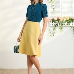 Allegra K Women's Tie Neck Short Sleeve Shirt Puff Sleeve Button Front Lace Inset Stand Collar Blouse