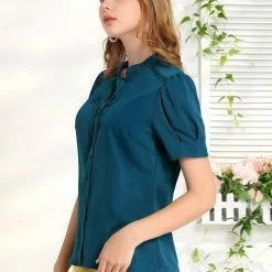 Allegra K Women's Tie Neck Short Sleeve Shirt Puff Sleeve Button Front Lace Inset Stand Collar Blouse
