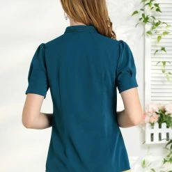 Allegra K Women's Tie Neck Short Sleeve Shirt Puff Sleeve Button Front Lace Inset Stand Collar Blouse