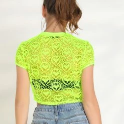 Allegra K Women's Sheer Mesh Short Sleeve Round Neck Sport Heart Pattern Top Blouse