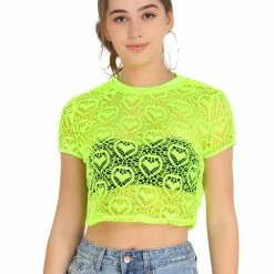 Allegra K Women's Sheer Mesh Short Sleeve Round Neck Sport Heart Pattern Top Blouse