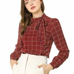Allegra K Women's Bow-Tie Neck Blouse Office Work Checks Shirt Tops