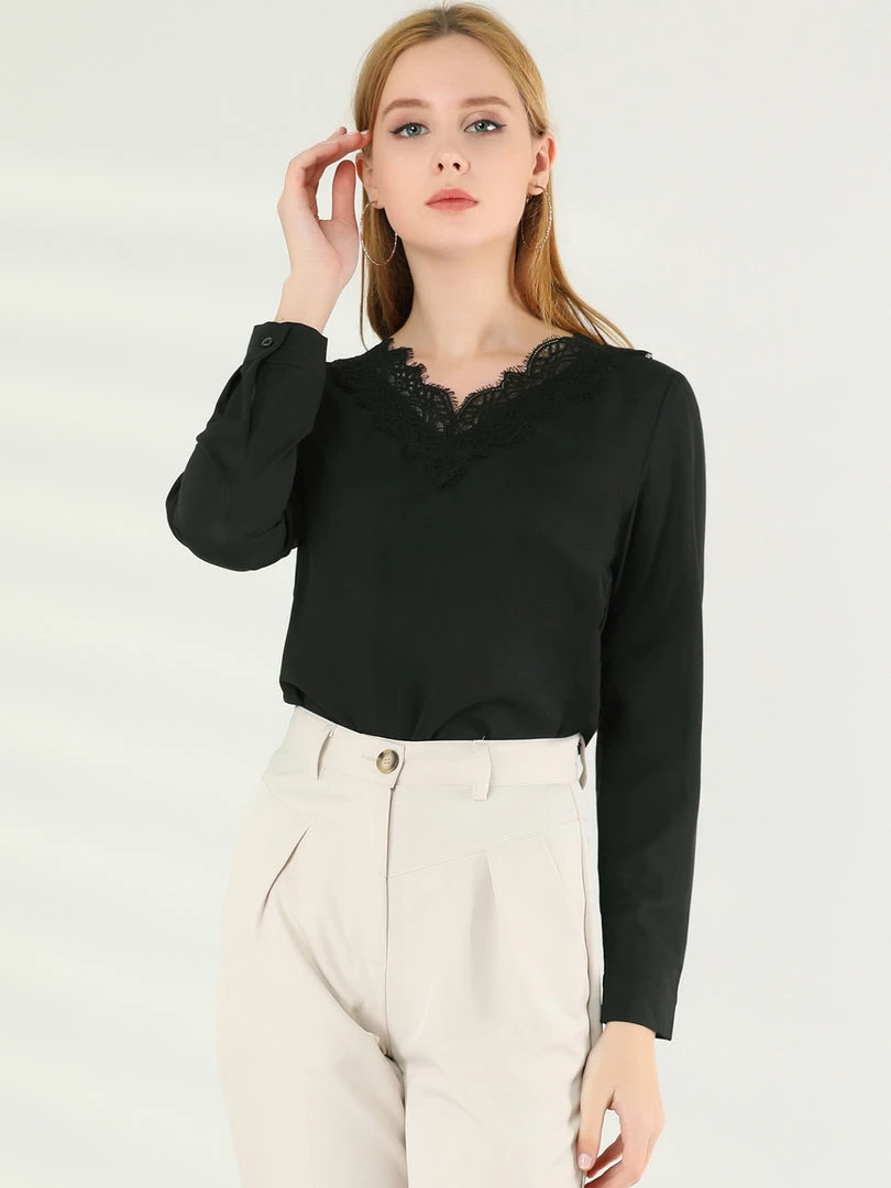 Allegra K Women's Lace V Neck Long Sleeve Casual Elegant Chiffon Tops 10 Allegra K Women's Lace V Neck Long Sleeve Casual Elegant Chiffon Tops