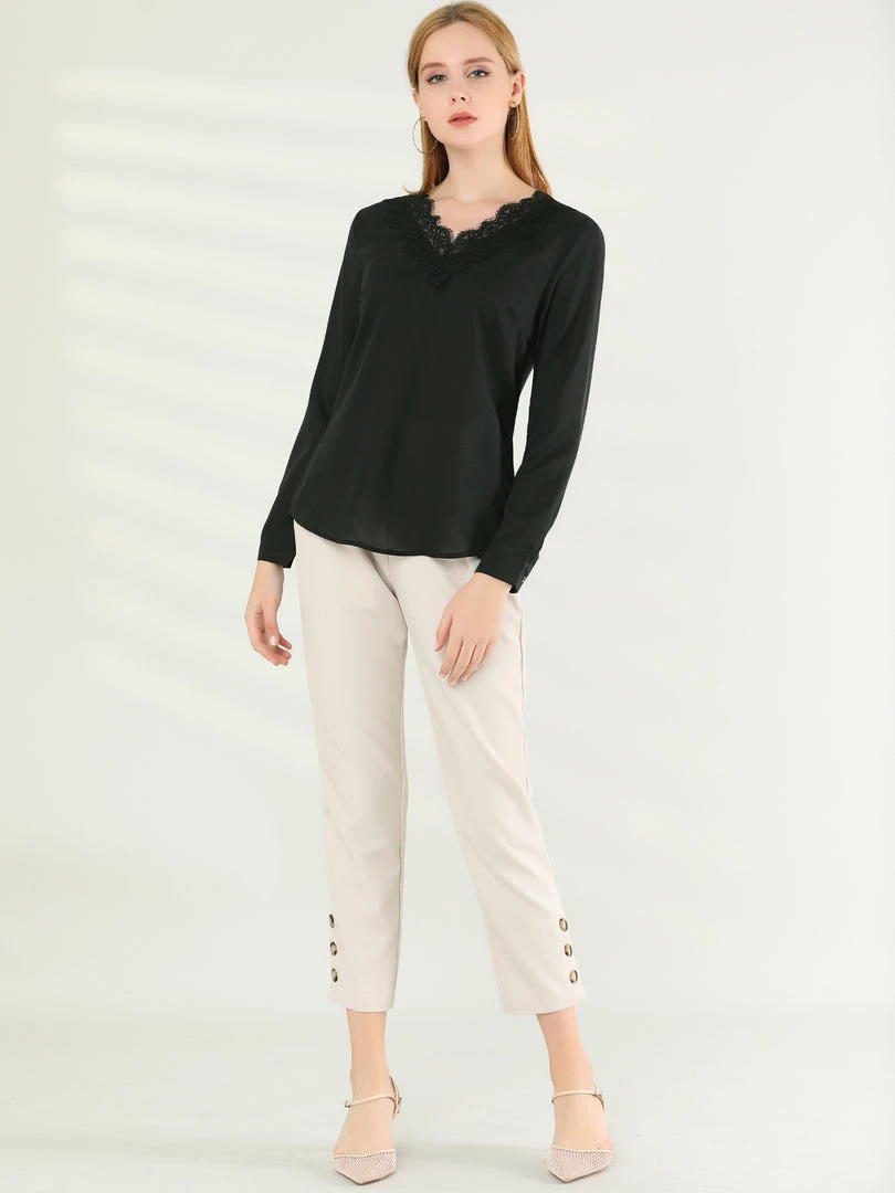 Allegra K Women's Lace V Neck Long Sleeve Casual Elegant Chiffon Tops 11 Allegra K Women's Lace V Neck Long Sleeve Casual Elegant Chiffon Tops