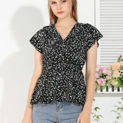 Allegra K Women's Casual Ruffle Neck Faux Wrap Ditsy Floral Peplum Top