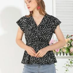 Allegra K Women's Casual Ruffle Neck Faux Wrap Ditsy Floral Peplum Top