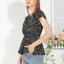 Allegra K Women's Casual Ruffle Neck Faux Wrap Ditsy Floral Peplum Top