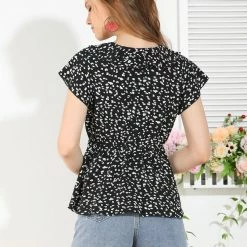 Allegra K Women's Casual Ruffle Neck Faux Wrap Ditsy Floral Peplum Top