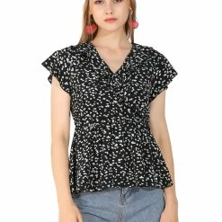 Allegra K Women's Casual Ruffle Neck Faux Wrap Ditsy Floral Peplum Top