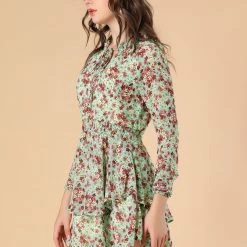 Allegra K Floral Printed Ruffled Tie V Neck Smocked Waist Dress 101 Allegra K Floral Printed Ruffled Tie V Neck Smocked Waist Dress