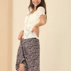 Allegra K Women's Button Up V Neck Puff Sleeve Elastic Cuff Floral Lace Blouse