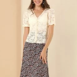 Allegra K Women's Button Up V Neck Puff Sleeve Elastic Cuff Floral Lace Blouse