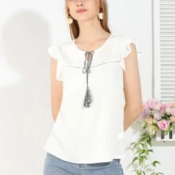 Allegra K Women's Flutter Sleeve Tassels Tie Neck Hollow-Out Front Summer Casual Ruffled Tops