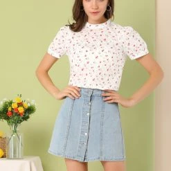 Allegra K Women's Casual Stand Collar Short Sleeve Floral Print Keyhole Back Blouse 11 Allegra K Women's Casual Stand Collar Short Sleeve Floral Print Keyhole Back Blouse