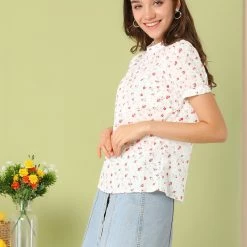 Allegra K Women's Casual Stand Collar Short Sleeve Floral Print Keyhole Back Blouse 13 Allegra K Women's Casual Stand Collar Short Sleeve Floral Print Keyhole Back Blouse
