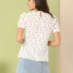 Allegra K Women's Casual Stand Collar Short Sleeve Floral Print Keyhole Back Blouse 14 Allegra K Women's Casual Stand Collar Short Sleeve Floral Print Keyhole Back Blouse
