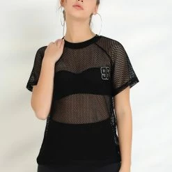 Allegra K Women's Mesh Cover Up Raglan Sleeve Sheer Fishnet T-Shirt Top