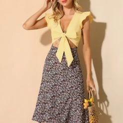 Allegra K Women's Summer Ruched Tie Front Flare Sleeve V Neck Crop Top