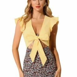 Allegra K Women's Summer Ruched Tie Front Flare Sleeve V Neck Crop Top