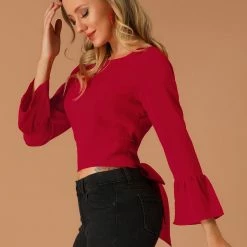 Allegra K Women's Flare Sleeve Bow Tie Back Lightweight Party Blouse Top