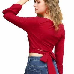 Allegra K Women's Flare Sleeve Bow Tie Back Lightweight Party Blouse Top