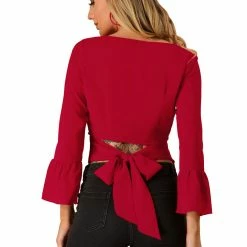 Allegra K Women's Flare Sleeve Bow Tie Back Lightweight Party Blouse Top