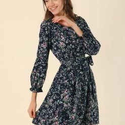 Allegra K Women's Square Neck Dresses Floral Long Sleeve Spring Tie Waist Belt Dress 11 Allegra K Women's Square Neck Dresses Floral Long Sleeve Spring Tie Waist Belt Dress