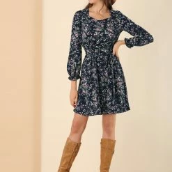 Allegra K Women's Square Neck Dresses Floral Long Sleeve Spring Tie Waist Belt Dress 12 Allegra K Women's Square Neck Dresses Floral Long Sleeve Spring Tie Waist Belt Dress