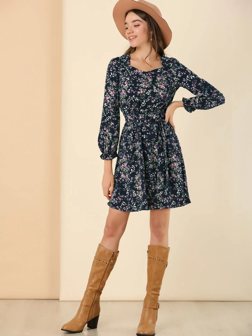 Allegra K Women's Square Neck Dresses Floral Long Sleeve Spring Tie Waist Belt Dress 6 Allegra K Women's Square Neck Dresses Floral Long Sleeve Spring Tie Waist Belt Dress