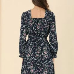 Allegra K Women's Square Neck Dresses Floral Long Sleeve Spring Tie Waist Belt Dress 14 Allegra K Women's Square Neck Dresses Floral Long Sleeve Spring Tie Waist Belt Dress