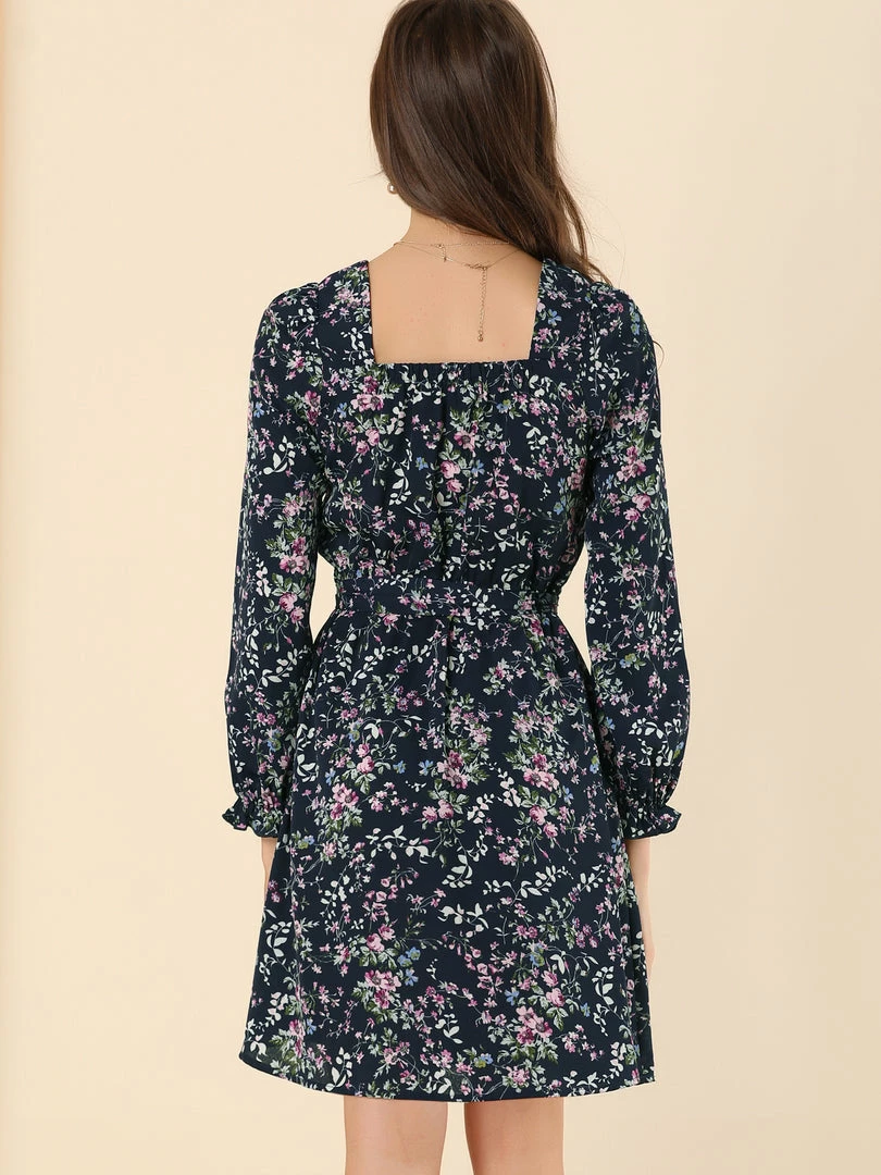 Allegra K Women's Square Neck Dresses Floral Long Sleeve Spring Tie Waist Belt Dress 8 Allegra K Women's Square Neck Dresses Floral Long Sleeve Spring Tie Waist Belt Dress