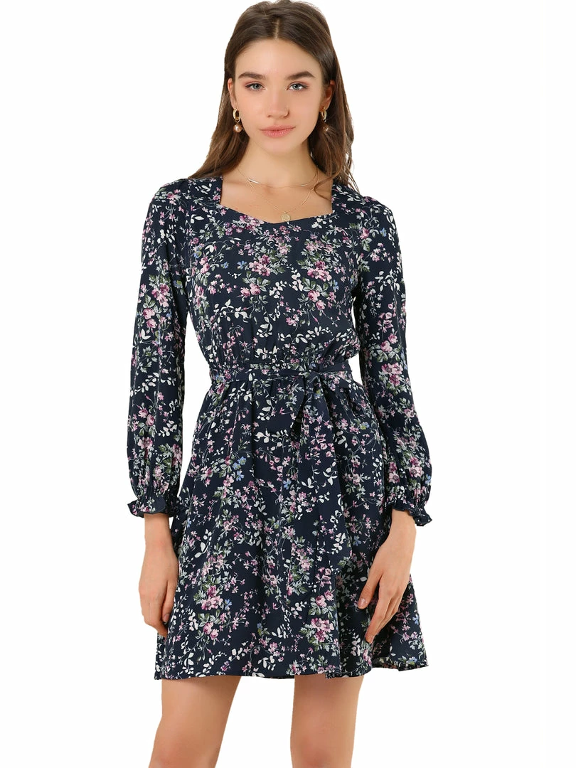 Allegra K Women's Square Neck Dresses Floral Long Sleeve Spring Tie Waist Belt Dress 4 Allegra K Women's Square Neck Dresses Floral Long Sleeve Spring Tie Waist Belt Dress