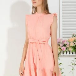 Allegra K Women's Ruffle Trim Sleeveless Cotton Tie Waist A-Line Dress