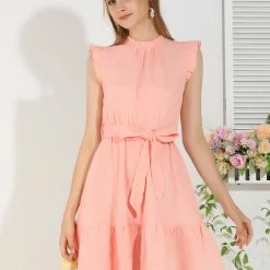 Allegra K Women's Ruffle Trim Sleeveless Cotton Tie Waist A-Line Dress