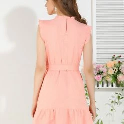 Allegra K Women's Ruffle Trim Sleeveless Cotton Tie Waist A-Line Dress