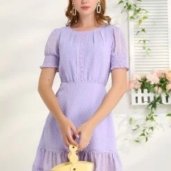 Allegra K Women's Elegant Short Sheer Sleeve Ruffle Hem Swiss Dots Chiffon Dress 11 Allegra K Women's Elegant Short Sheer Sleeve Ruffle Hem Swiss Dots Chiffon Dress