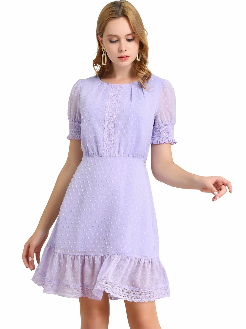Allegra K Women's Elegant Short Sheer Sleeve Ruffle Hem Swiss Dots Chiffon Dress 4 Allegra K Women's Elegant Short Sheer Sleeve Ruffle Hem Swiss Dots Chiffon Dress