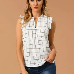 Allegra K Women's Sleeveless Ruffled Trim V Neck Summer Grid Plaid Tops