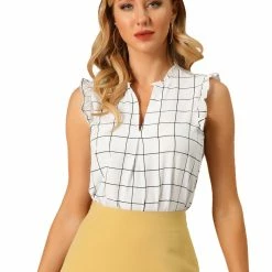 Allegra K Women's Sleeveless Ruffled Trim V Neck Summer Grid Plaid Tops