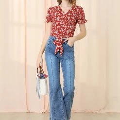 Allegra K Women's Wrap Crop Top Ruffle Short Sleeve V Neck Tie Waist Floral Blouse