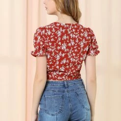 Allegra K Women's Wrap Crop Top Ruffle Short Sleeve V Neck Tie Waist Floral Blouse