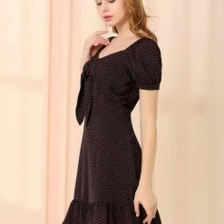 Allegra K Women's Ruffle Hem Sweetheart Neck Heart Tie Front Flare Mini Dress