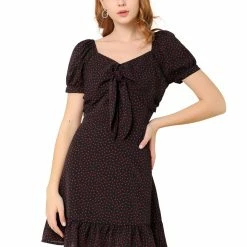 Allegra K Women's Ruffle Hem Sweetheart Neck Heart Tie Front Flare Mini Dress
