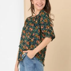 Allegra K Women's Off Shoulder Bubble Sleeve Elastic Neckline Floral Peasant Blouse