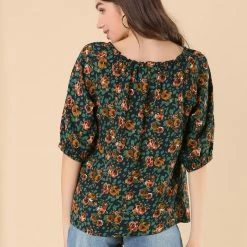 Allegra K Women's Off Shoulder Bubble Sleeve Elastic Neckline Floral Peasant Blouse