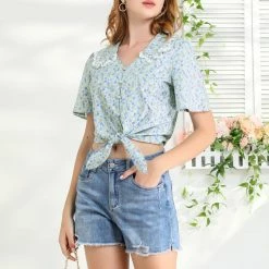 Allegra K Women's Flutter Sleeve Lace Trim Peter Pan Collar Floral Cropped Tops 11 Allegra K Women's Flutter Sleeve Lace Trim Peter Pan Collar Floral Cropped Tops