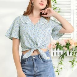 Allegra K Women's Flutter Sleeve Lace Trim Peter Pan Collar Floral Cropped Tops 12 Allegra K Women's Flutter Sleeve Lace Trim Peter Pan Collar Floral Cropped Tops