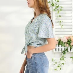 Allegra K Women's Flutter Sleeve Lace Trim Peter Pan Collar Floral Cropped Tops 13 Allegra K Women's Flutter Sleeve Lace Trim Peter Pan Collar Floral Cropped Tops