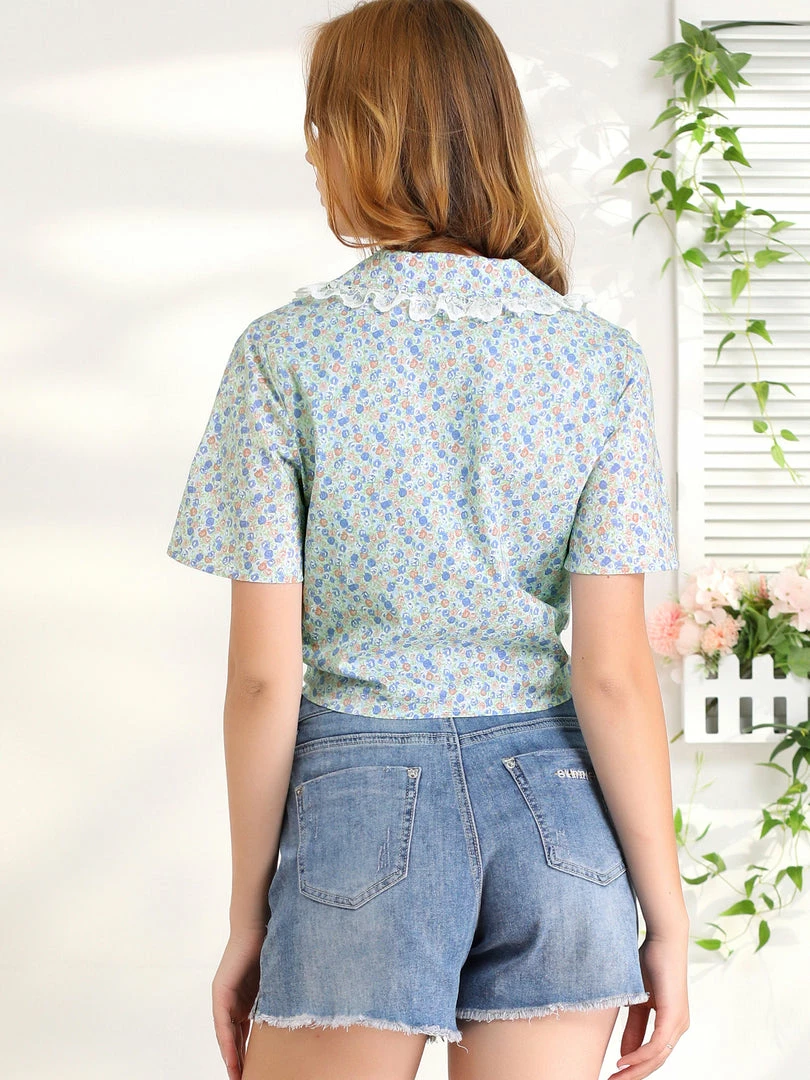 Allegra K Women's Flutter Sleeve Lace Trim Peter Pan Collar Floral Cropped Tops 8 Allegra K Women's Flutter Sleeve Lace Trim Peter Pan Collar Floral Cropped Tops