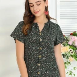 Allegra K Women's Summer Ruffle Short Sleeve Tops V Neck Button Ditsy Floral Blouse